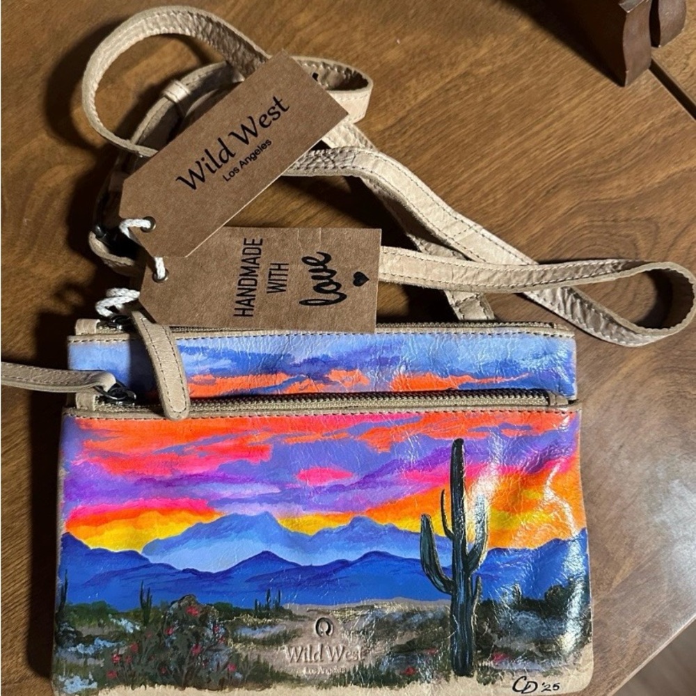 Hand painted custom upcycled leather Desert Sunset Crossbody Bag